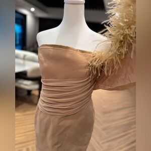 Chic One-Shoulder Tan Dress with Feather Detail